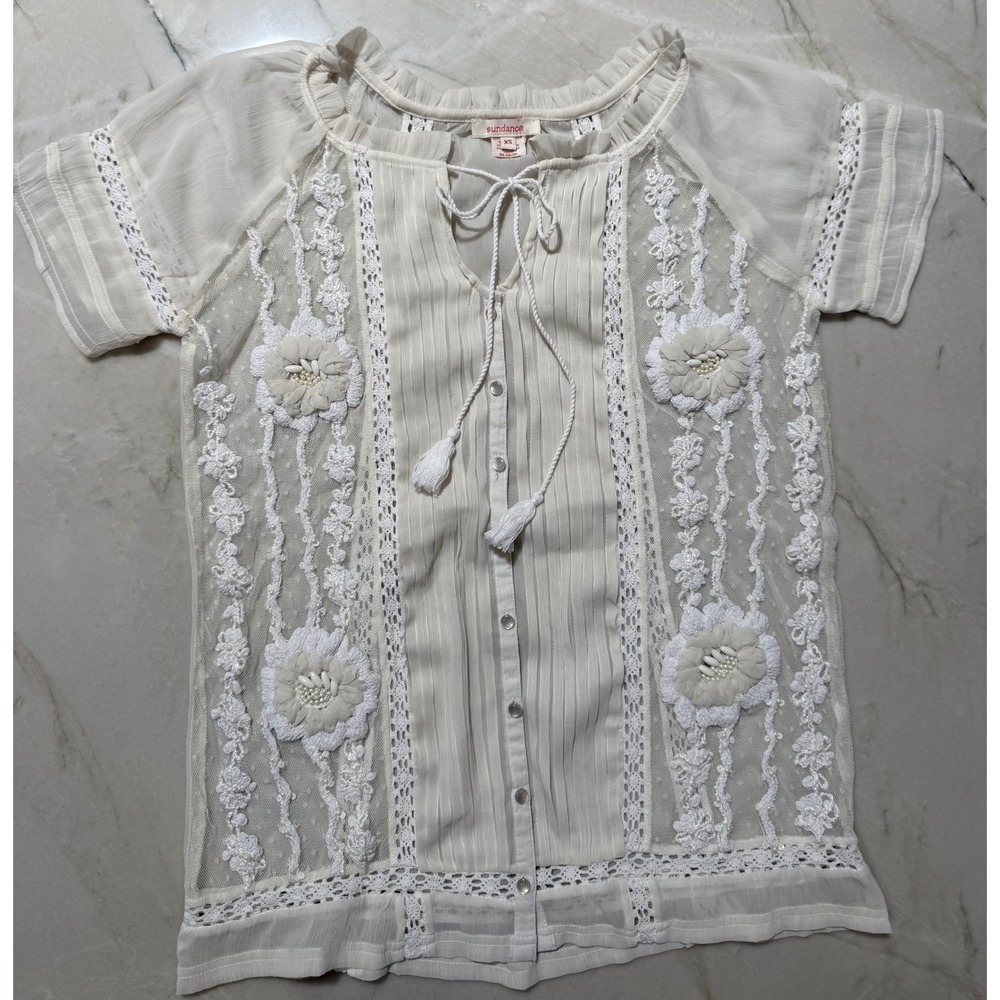 Sundance Ivory Floral Embroidered Lace Blouse XS Boho Tassel Sheer Top #108